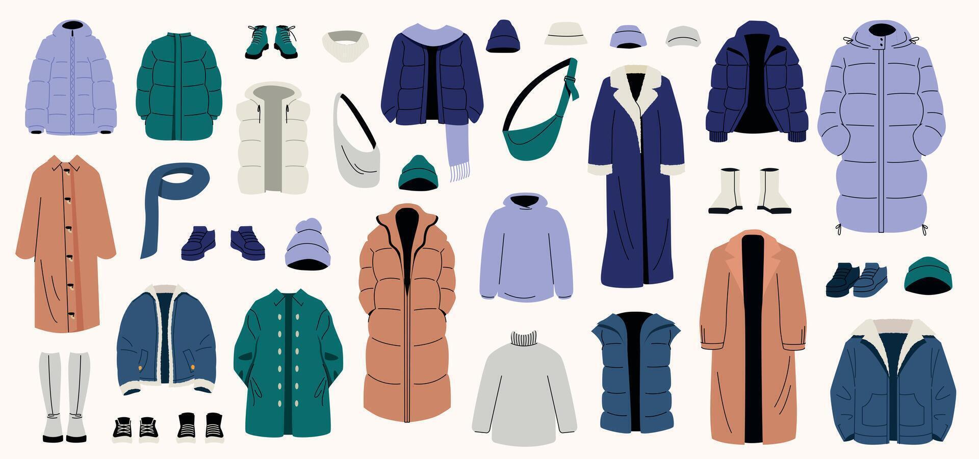 Winter clothes set. Cartoon winter wardrobe with casual and elegant clothing, male and female cold weather outfits. Vector winter wardrobe