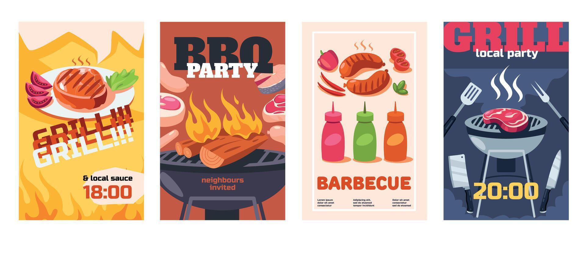 Grill party poster. Barbecue flyer templates with equipment for cooking and grilled roasted meat, outdoor picnic or cookout event invitations. Vector cartoon set