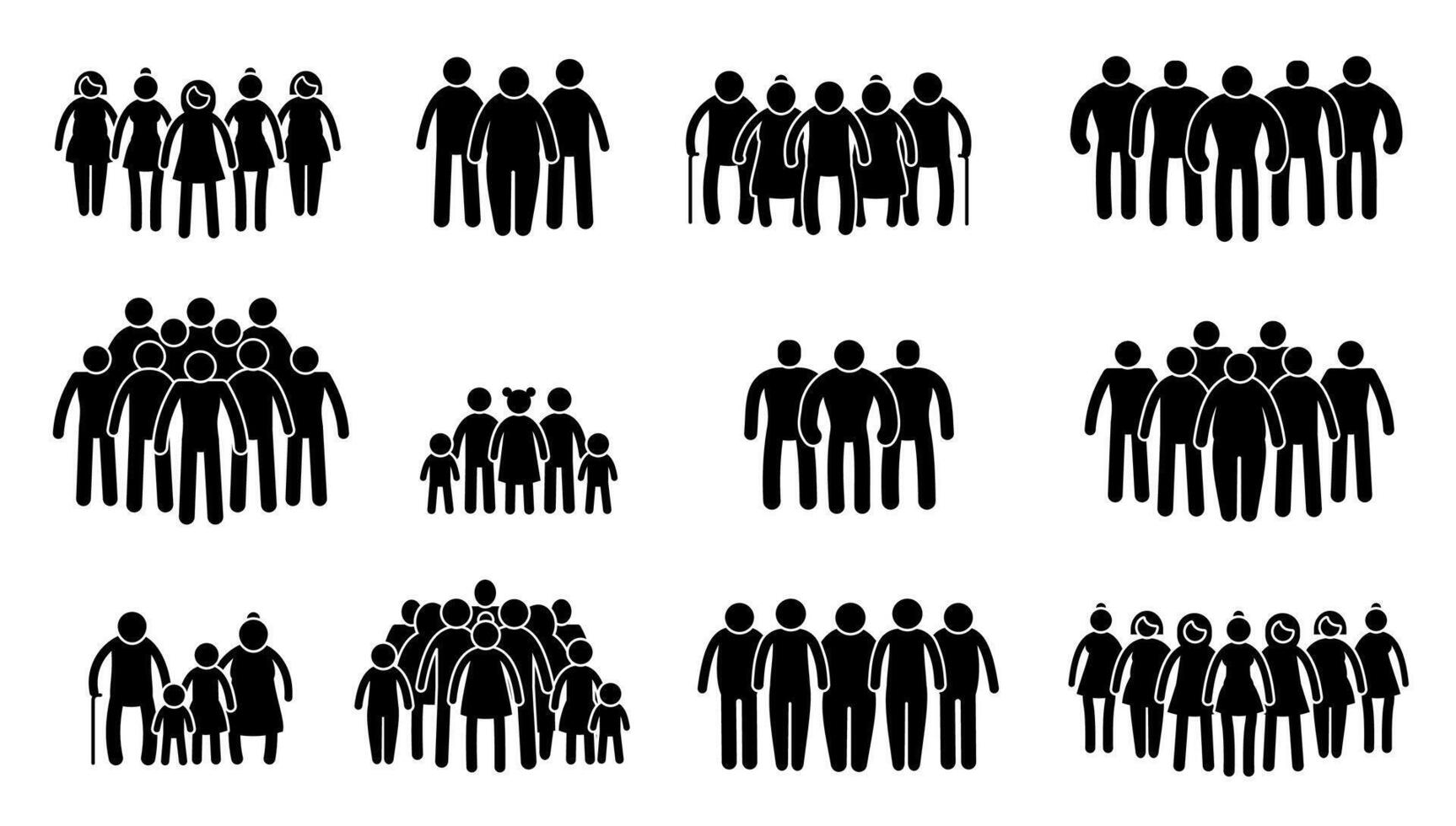 Stick people crowd. Group of people with black stick silhouettes, human mob with queue and diversity concept. Vector isolated set