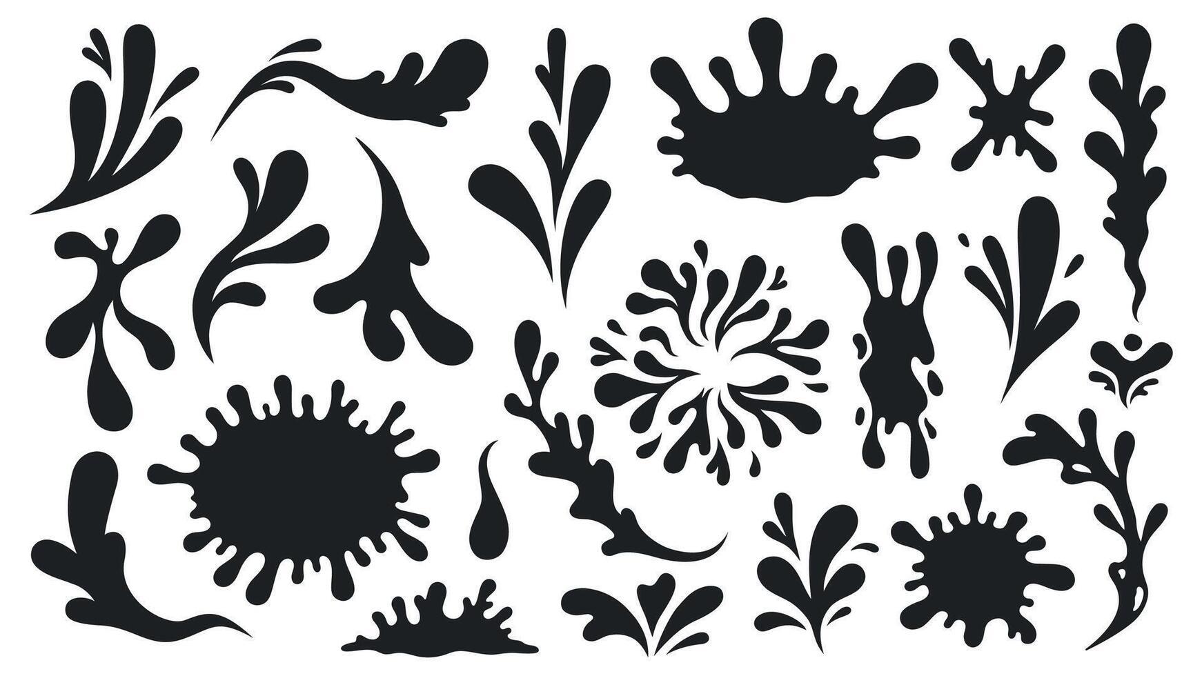 Black water splashes. Abstract wet splatter drops for tattoo design, river wave ripple stain splash simple marine environment doodle. Vector isolated set