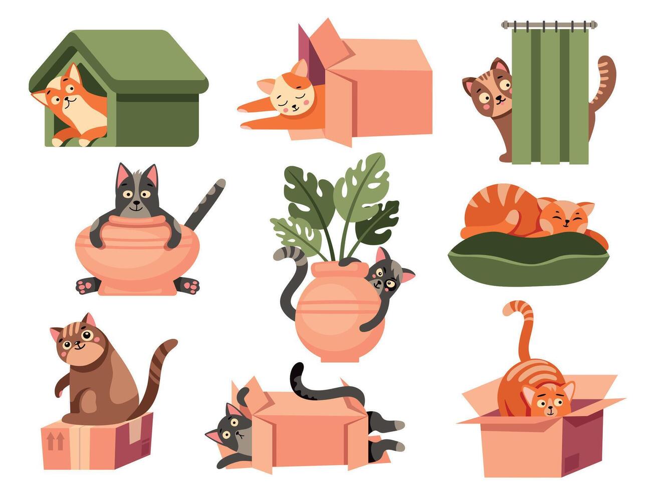 Cute cat hiding. Funny domestic cat faces with curious emotion, funny playful kitty animals in spy pose. Vector flat collection