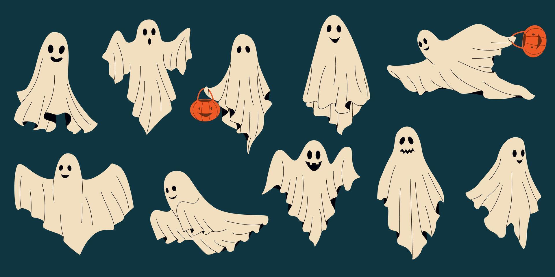 Funny phantom. Cute scary monster in white sheets, cartoon scary monster faces with expressions and emotions. Vector Halloween characters