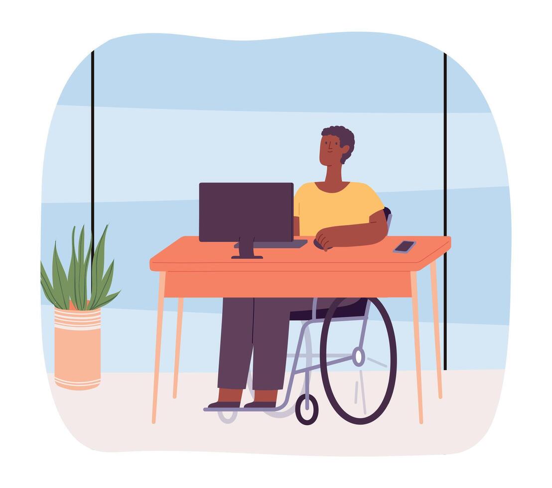 discapacitado persona a trabajar. masculino personaje en silla de ruedas sentado a escritorio con computadora y laboral, oficina trabajador vector