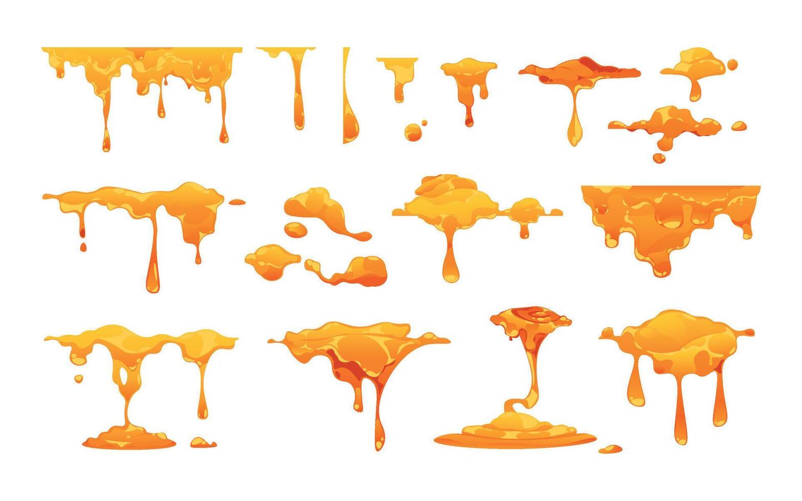 Dripping honey. Yellow sweet liquid nectar essence flow, syrup drops and splashes, natural organic product sticky droplet. Vector isolated set