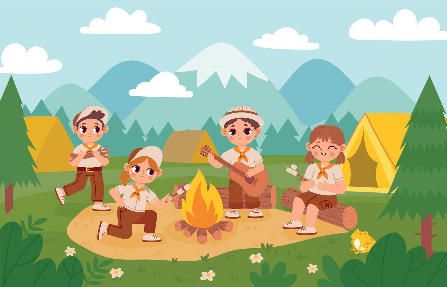 Scout kids by bonfire. Cartoon boys and girls in summer camp with tent, action and adventure on nature. Vector illustration