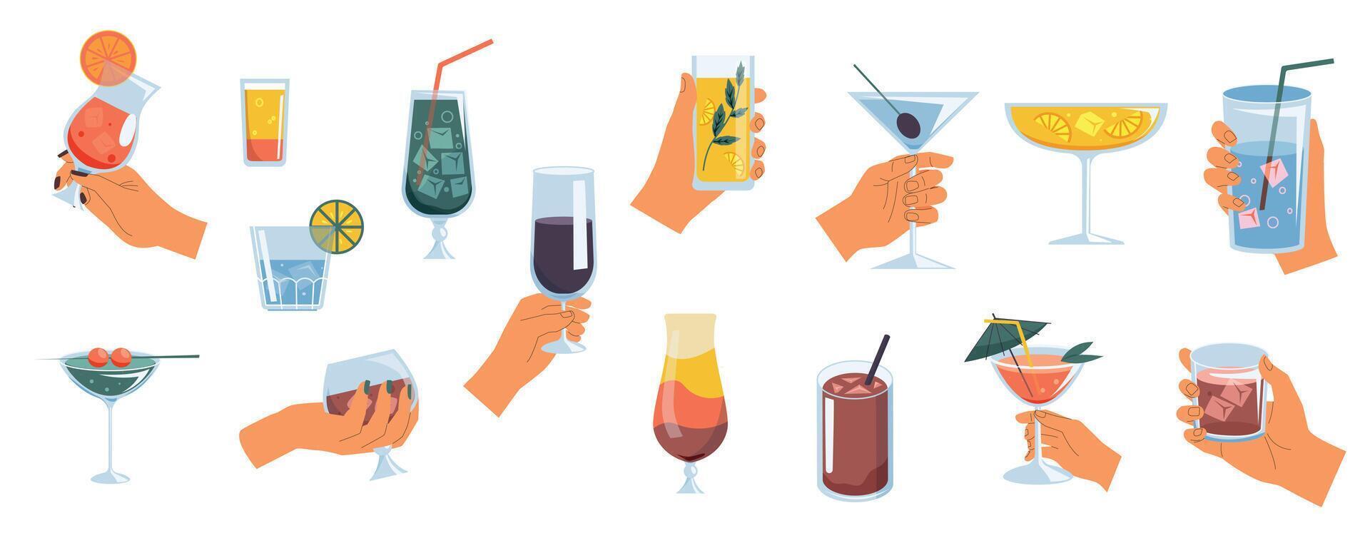 Hands with alcohol drinks. Woman holding cocktail glasses with wine, whisky and gin, man hands with martini. Alcohol beverage vector set