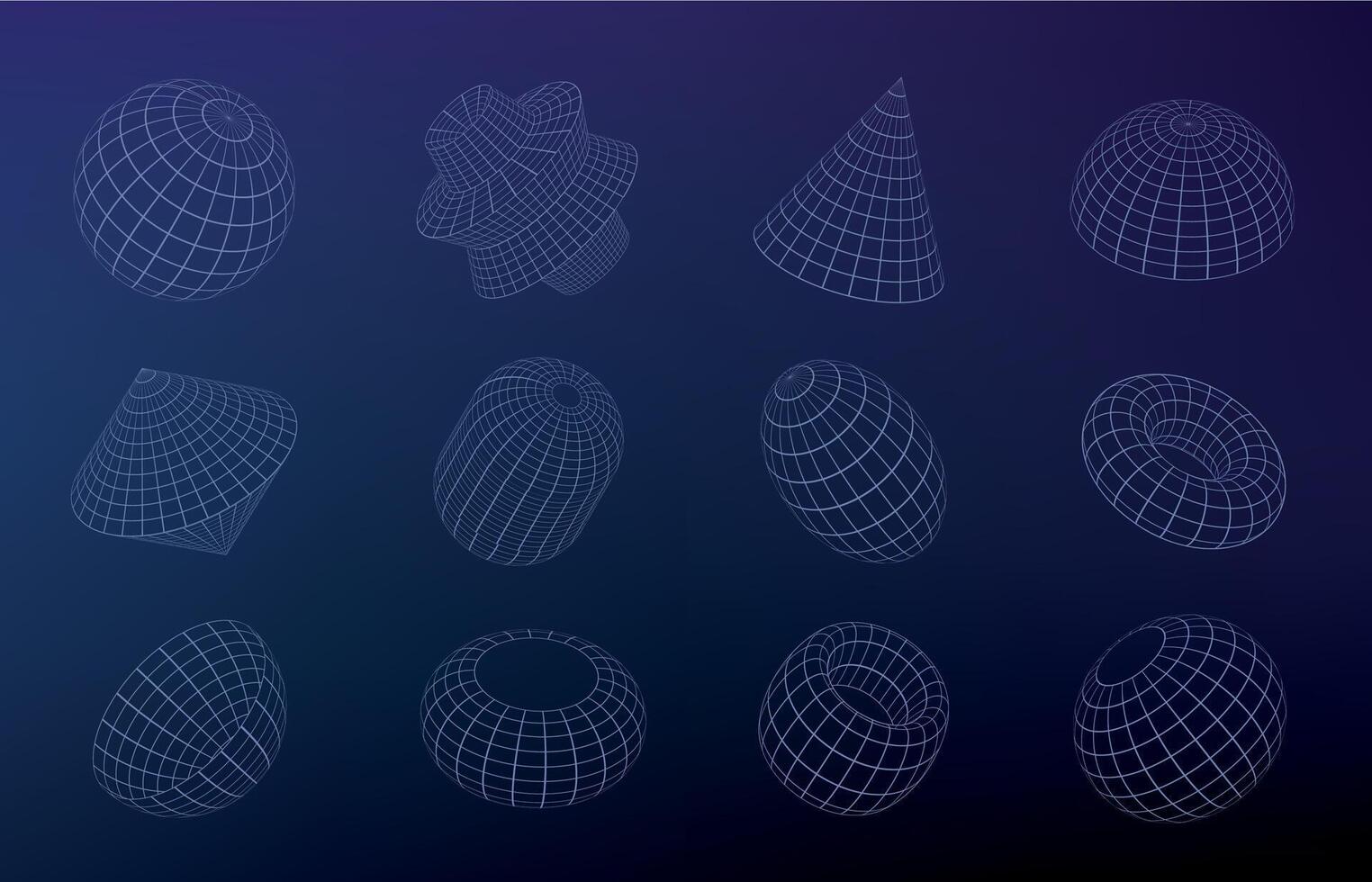 Grid geometric figures. Wirefram shapes indifferent sizes and styles, lowpoly solid unique polygonal figures. Vector set