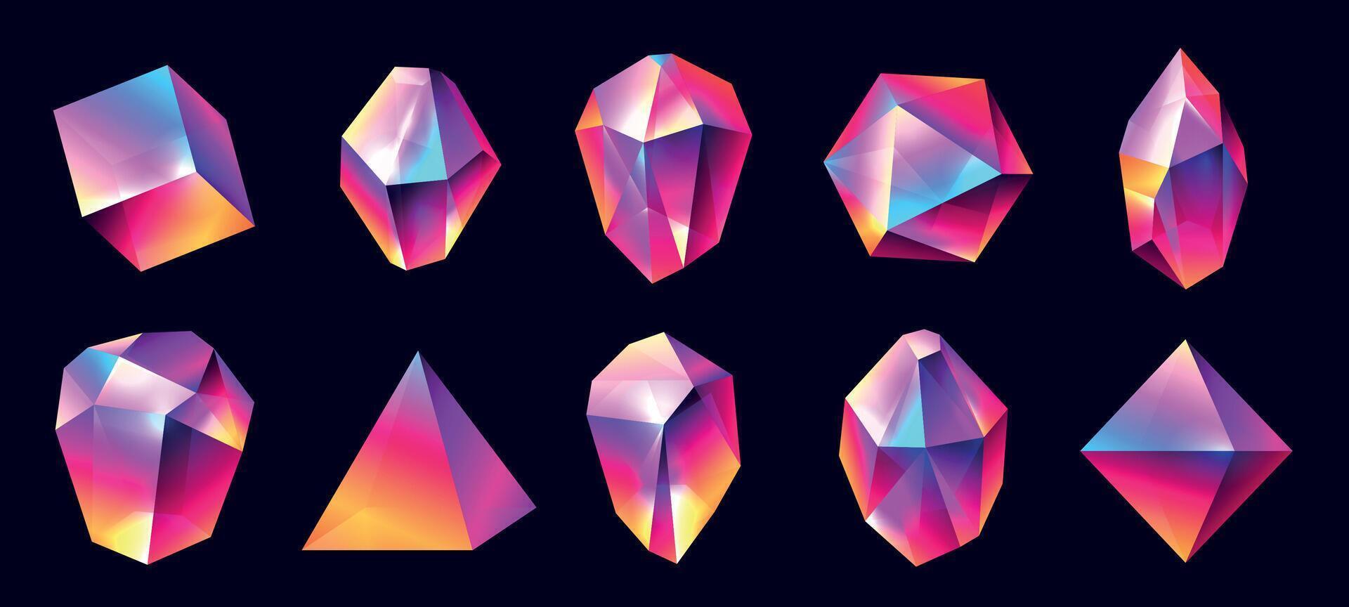 Abstract crystals. Magic jewel stones with rainbow reflections, glossy polyhedral prismatic elements cartoon style. Vector collection