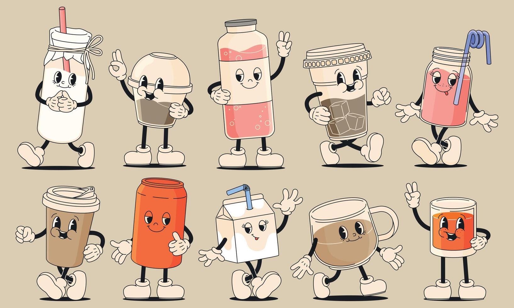 Retro cartoon drinks. Groovy 80s 90s alcohol beverage funny characters. Cartoon colorful alcohol for bar cafe restaurant, alcohol concept. Vector set