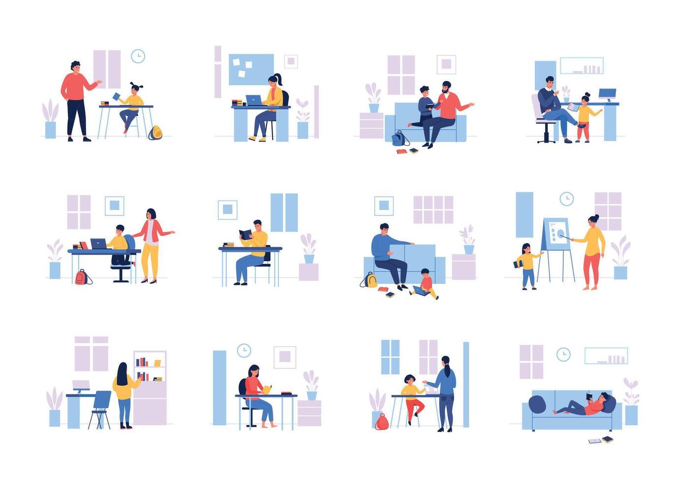 Remote lessons. Cartoon parents and children learning at home via laptop, students writing and studying. Vector online education concept with students