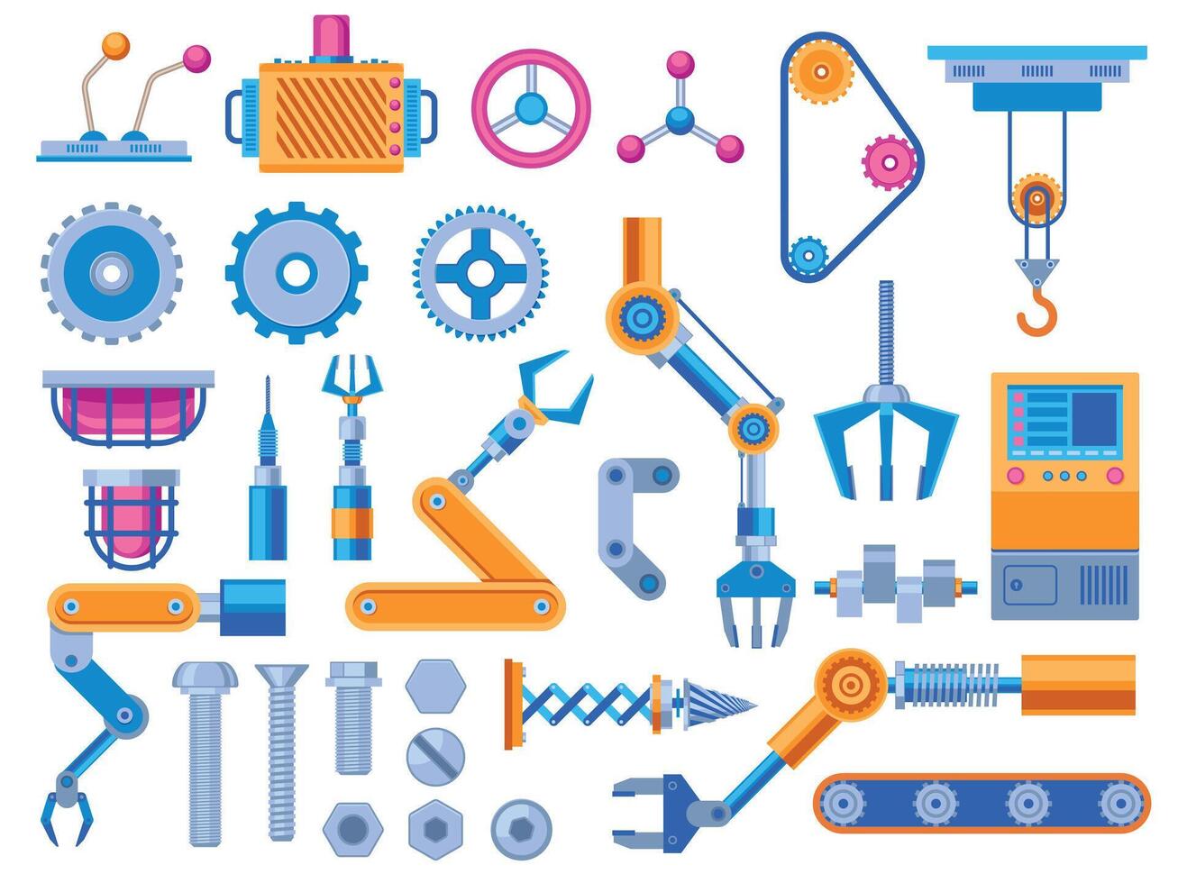 Machine elements. Mechanism gear parts flat style, machinery industrial technical car hydraulic details engine transmission cog wheel. Vector cartoon set