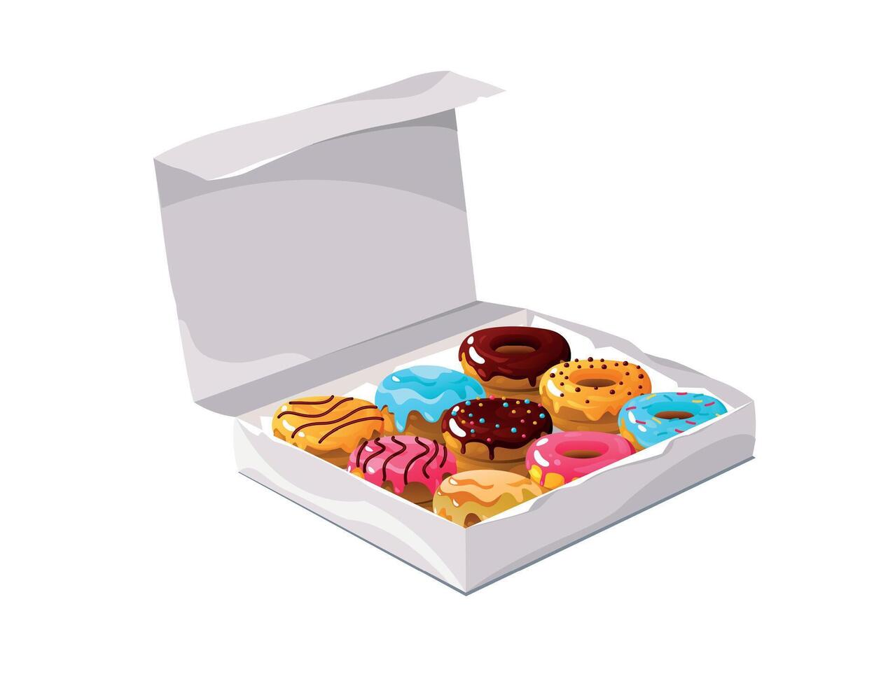 Donuts in the box. Sweet snack dough in box, chocolate cake dough in paper box with logo, appetizing glazed dessert. Vector colorful set