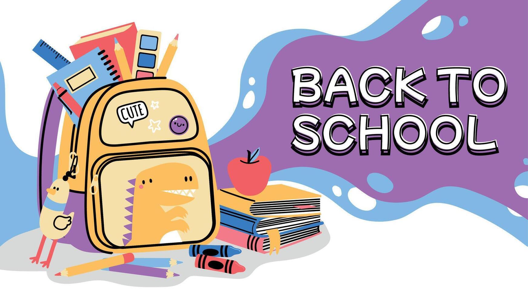 Back to school backpack. Cartoon background with kids bag, school accessories, and stationery, autumn colorful sale banner. Vector school supplies advertising