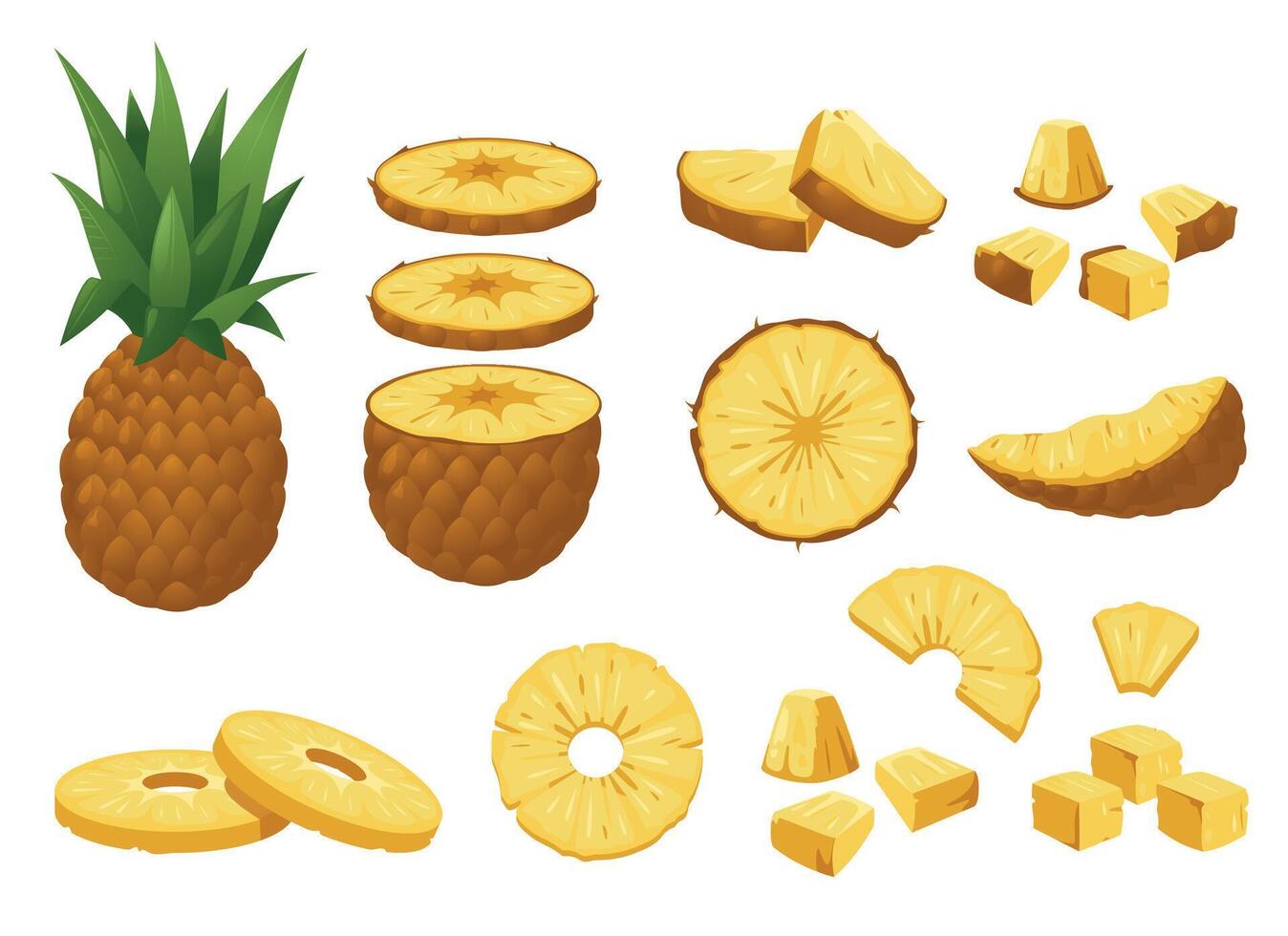 Pineapple set. Tropical fresh whole and peeled fruit pieces, cartoon natural sweet ripe ananas delicious raw snack. Colorful vector isolated collection