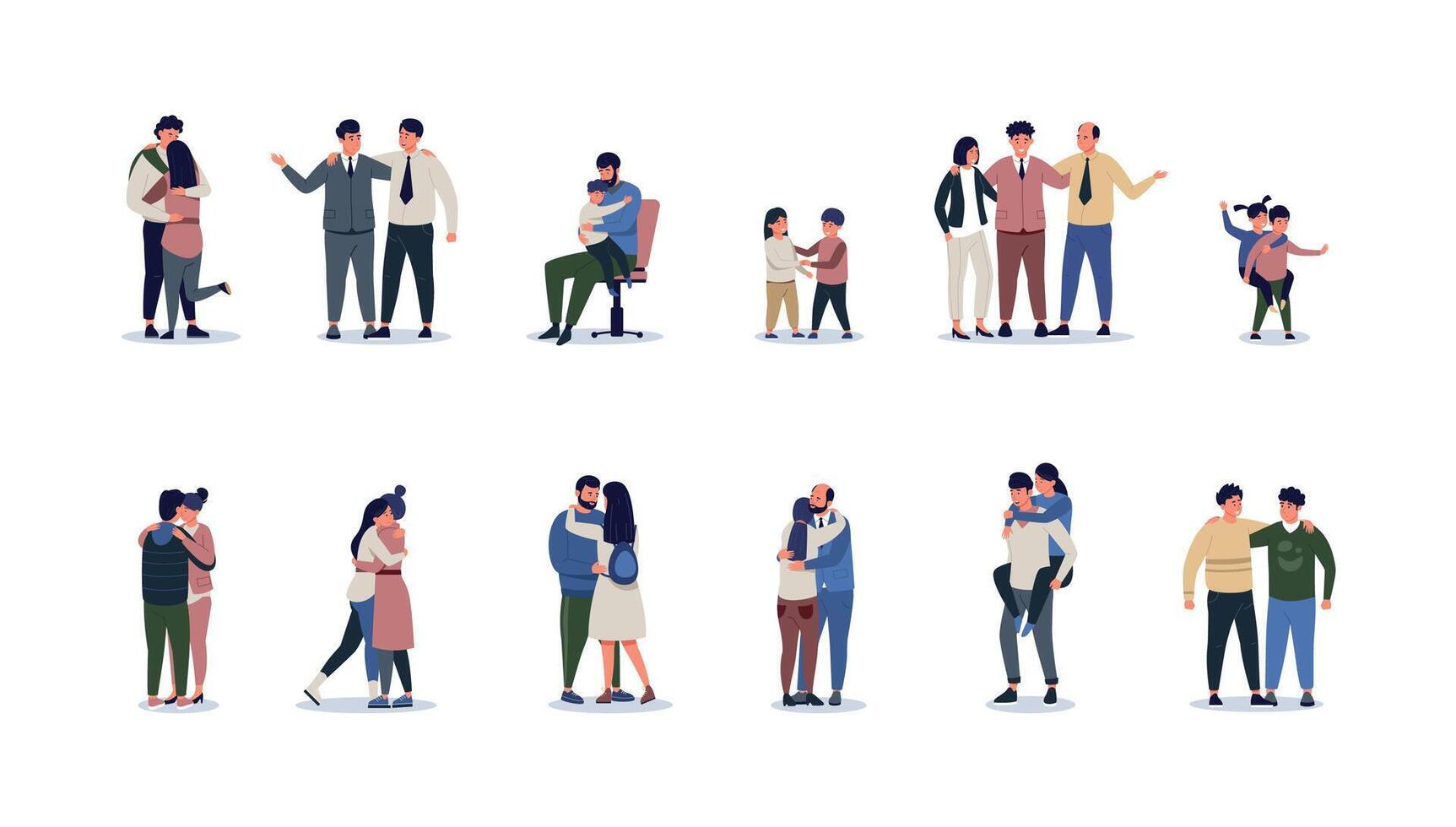 Hugging people. Cartoon friends couples kids and persons in relationship friendly hug, diverse married and romantic partners and characters vector