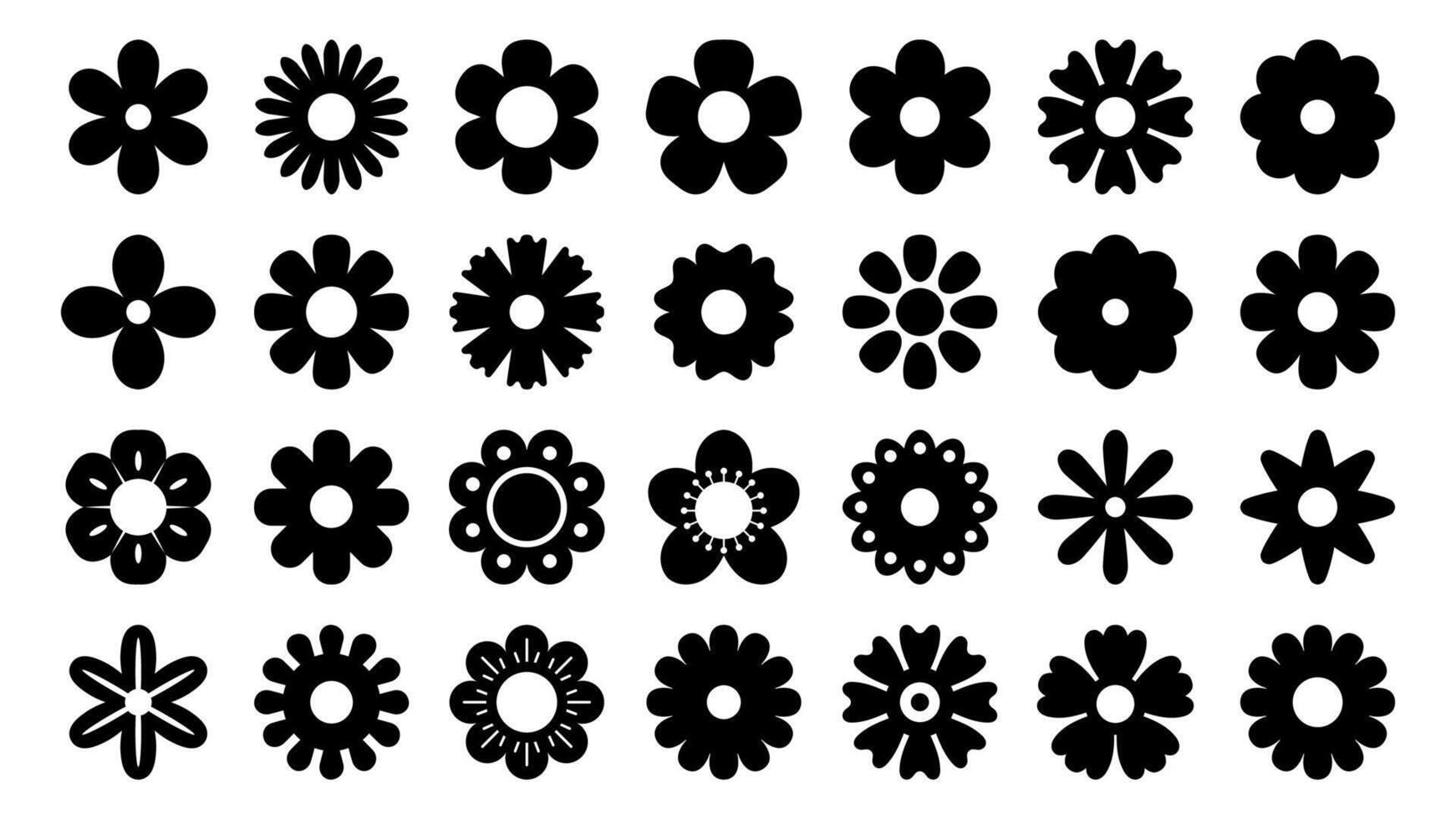 Black flower icons. Geometric silhouette symbols of chamomile and daisy, stylized floral decorative elements and dark flower logos. Vector simple graphic set