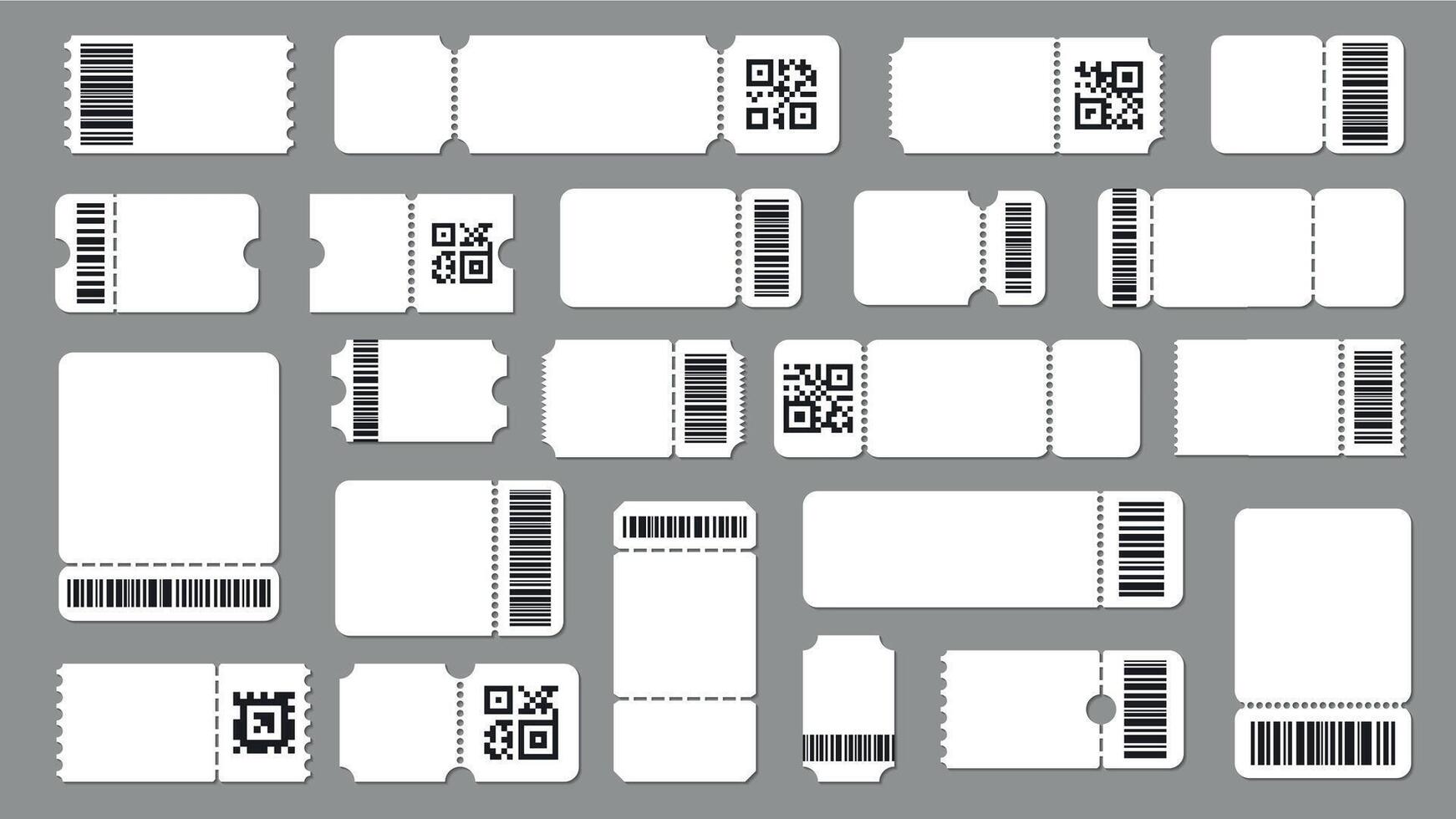 Ticket template with code. Barcode label with text, stub ticket with QR code and barcode. Mockup for event ticket vector