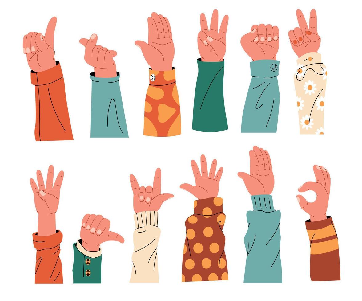 Hands with sleeves collection. Human arms in colorful clothes cartoon flat style, demonstrative gestures teamwork charity education concept. Vector set