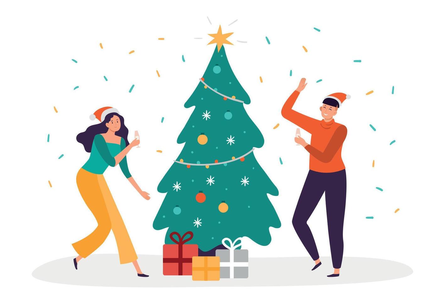 Navidad personas celebrando invierno fiesta cerca decorado abeto árbol. hembra y masculino caracteres vistiendo Papa Noel tapas vector