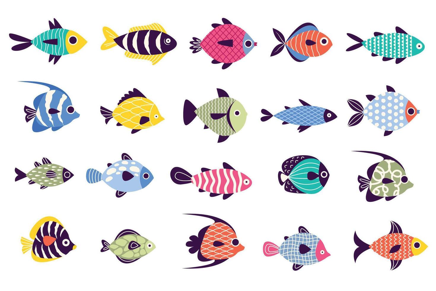 Tropical fish. Exotic ornamental sea animals, cartoon aquatic animals in aquarium, colorful collection of fish. Vector isolated set