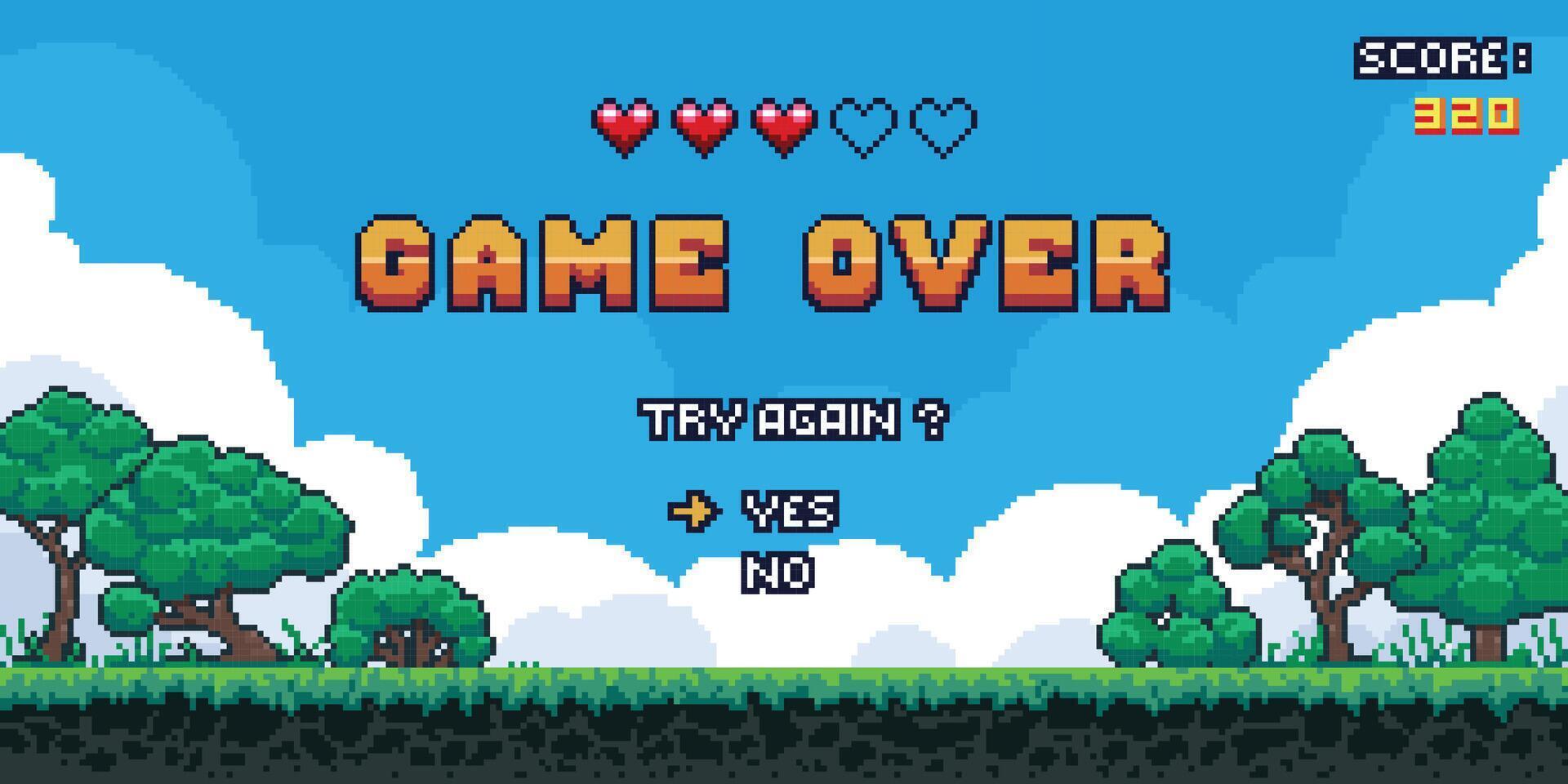 Game over background. Retro pixel 8 bit video game screen with score information, arcade landscape. Vector old classic game screen concept