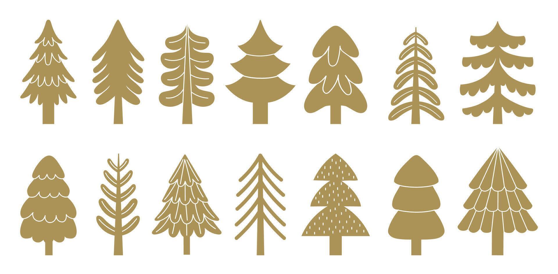 Golden christmas tree icons, spruces and pines of different shape vector