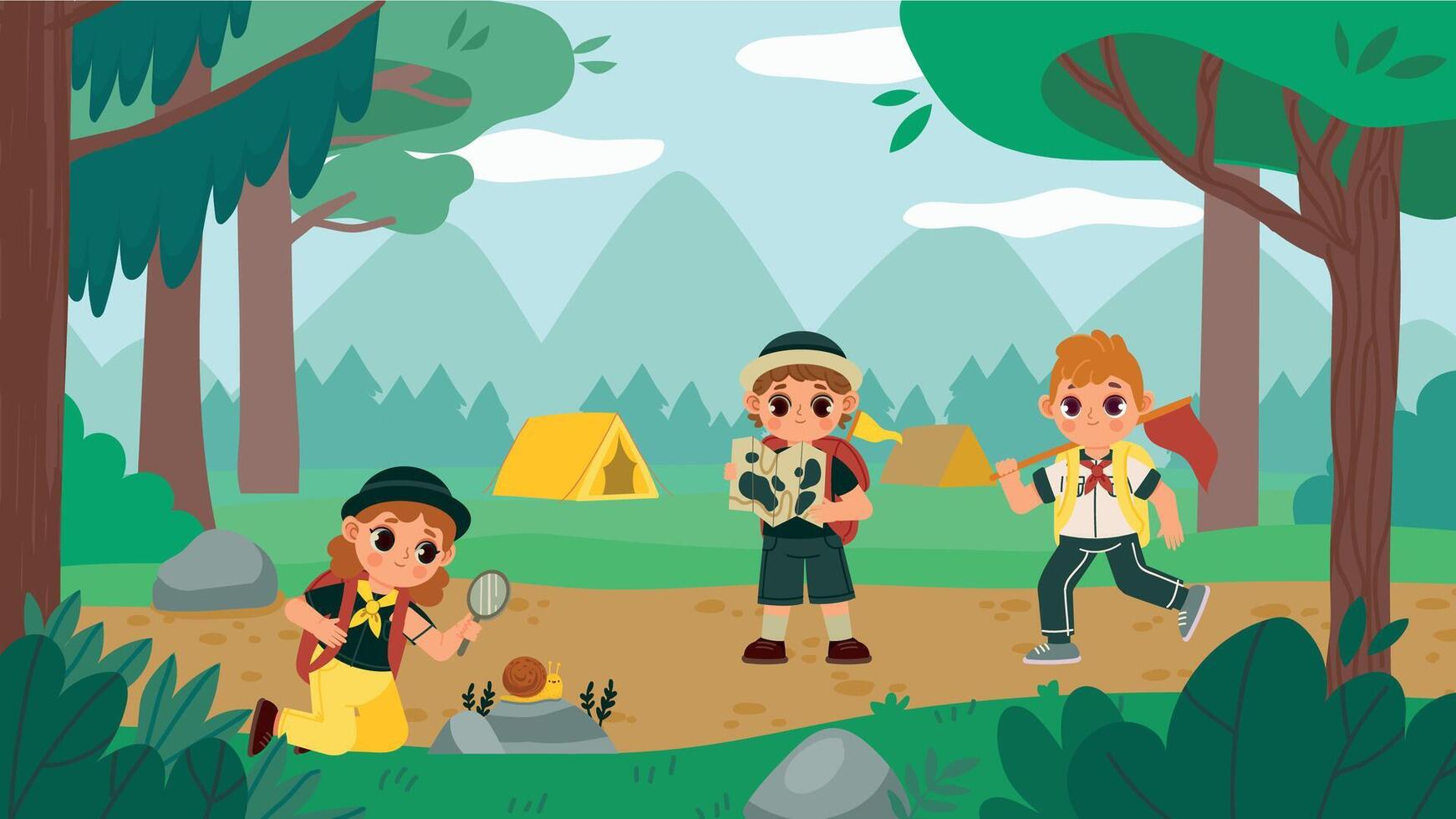 Scout kids, action and adventure on nature vector