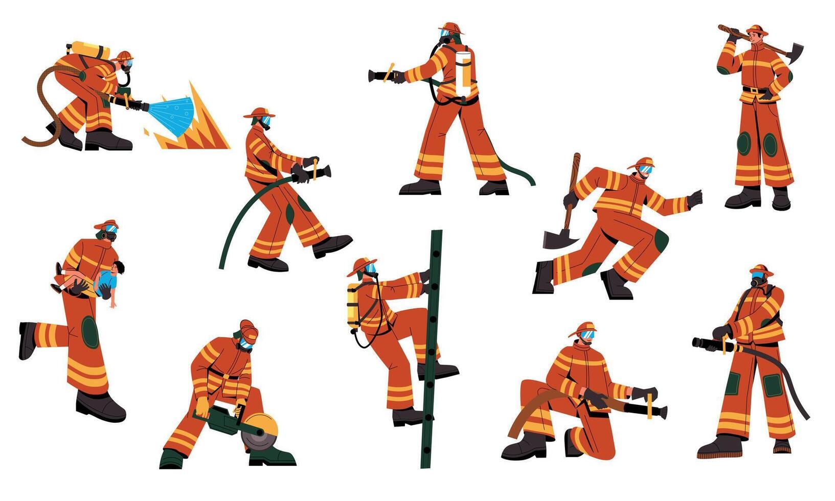 Firefighter characters. Cartoon fireman in uniform with rescue equipment, emergency worker with fire extinguisher hose bucket ax. Vector isolated set