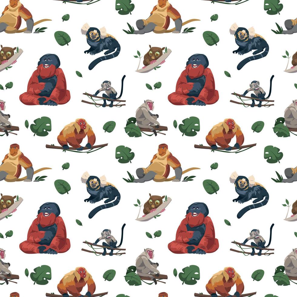 Monkey pattern. Seamless tropical print with funny jungle primate characters, endless backdrop with different species of apes. Vector cartoon texture