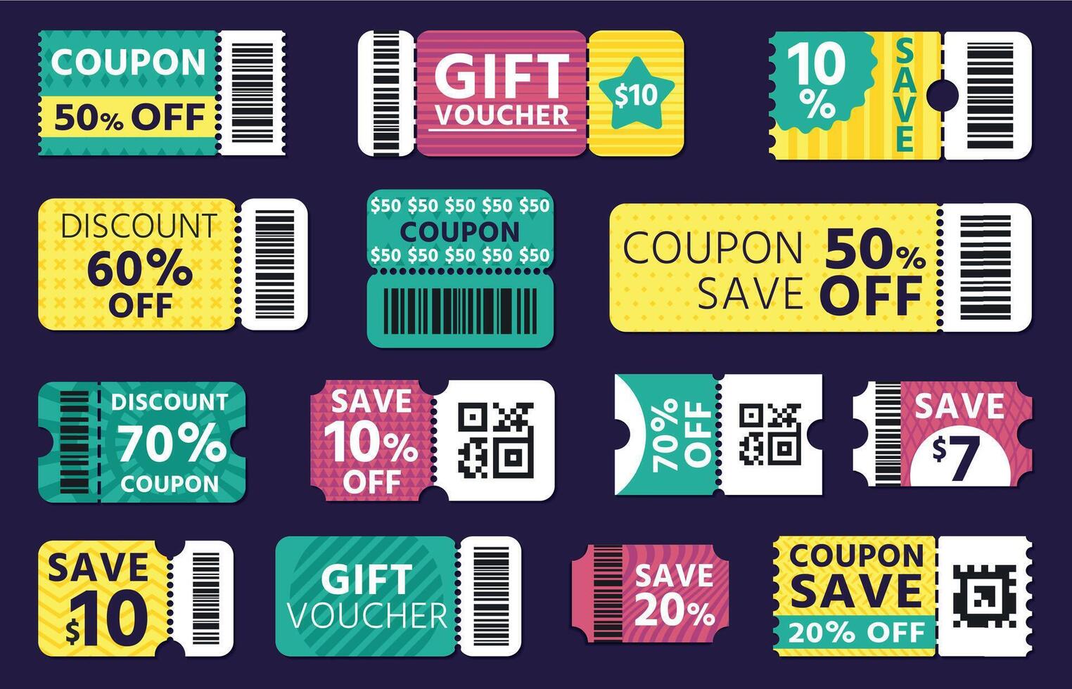 Coupon template. Discount banner with barcode, shopping voucher, discount card, discount code, offer certificate. Vector e-commerce mockup