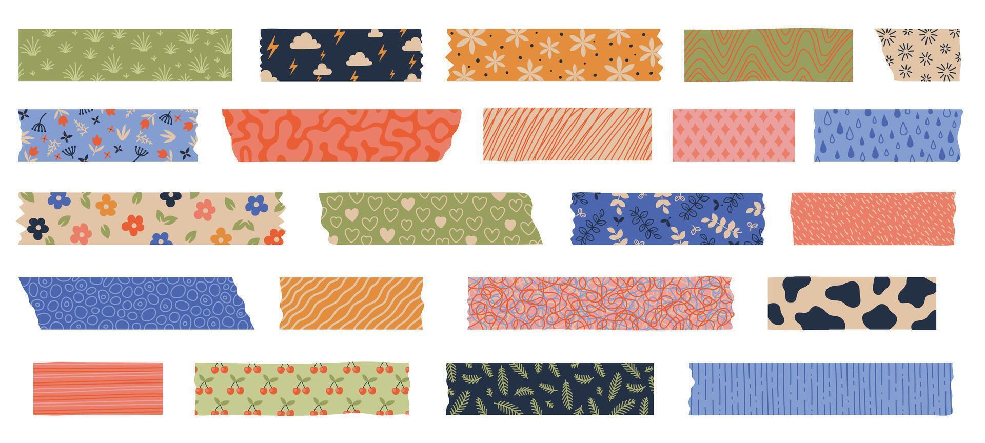 Washi tape. Japanese paper tape with decorative pattern, cute japanese stickers for scrapbook, decoration and masking. Vector set