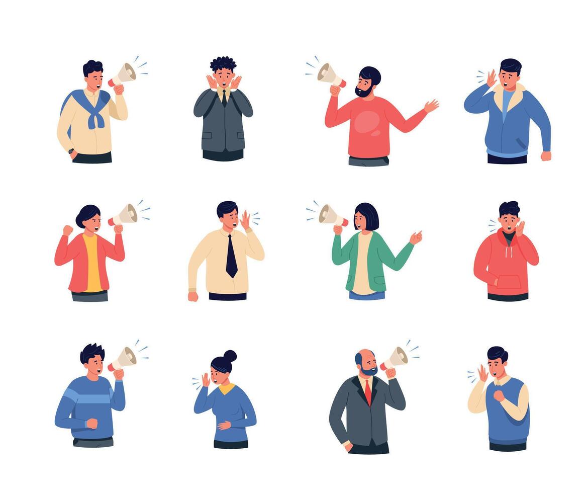 People screaming. Cartoon characters shouting holding loudspeaker, person attracting attention announce information talking loud. Vector isolated set