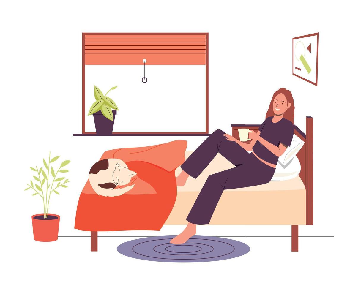 Woman wakes up on the bed in a good mood vector