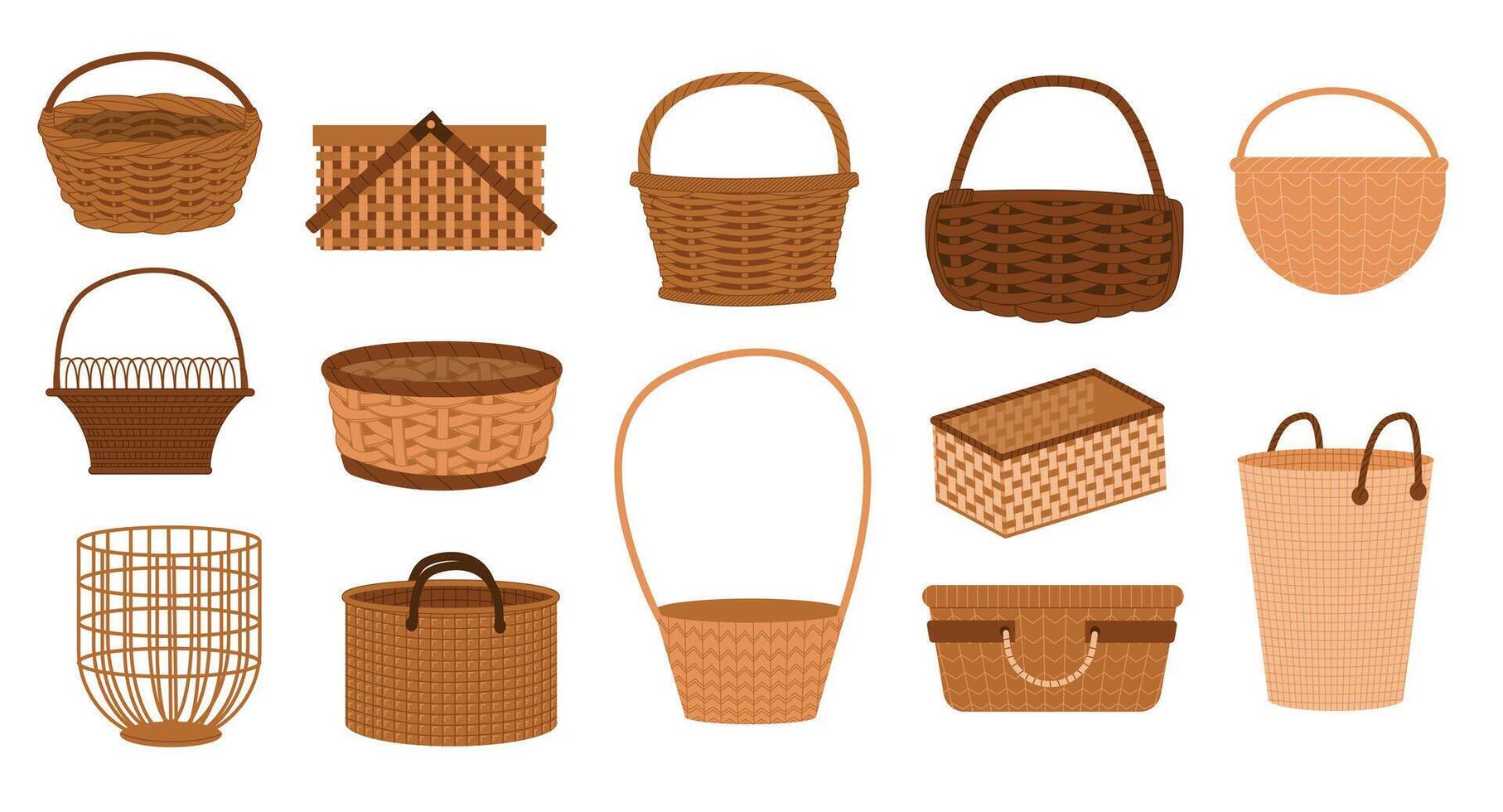 Wicker baskets. Handmade woven straw containers for grocery shopping, traditional rural picnic baskets for eco packaging. Vector set