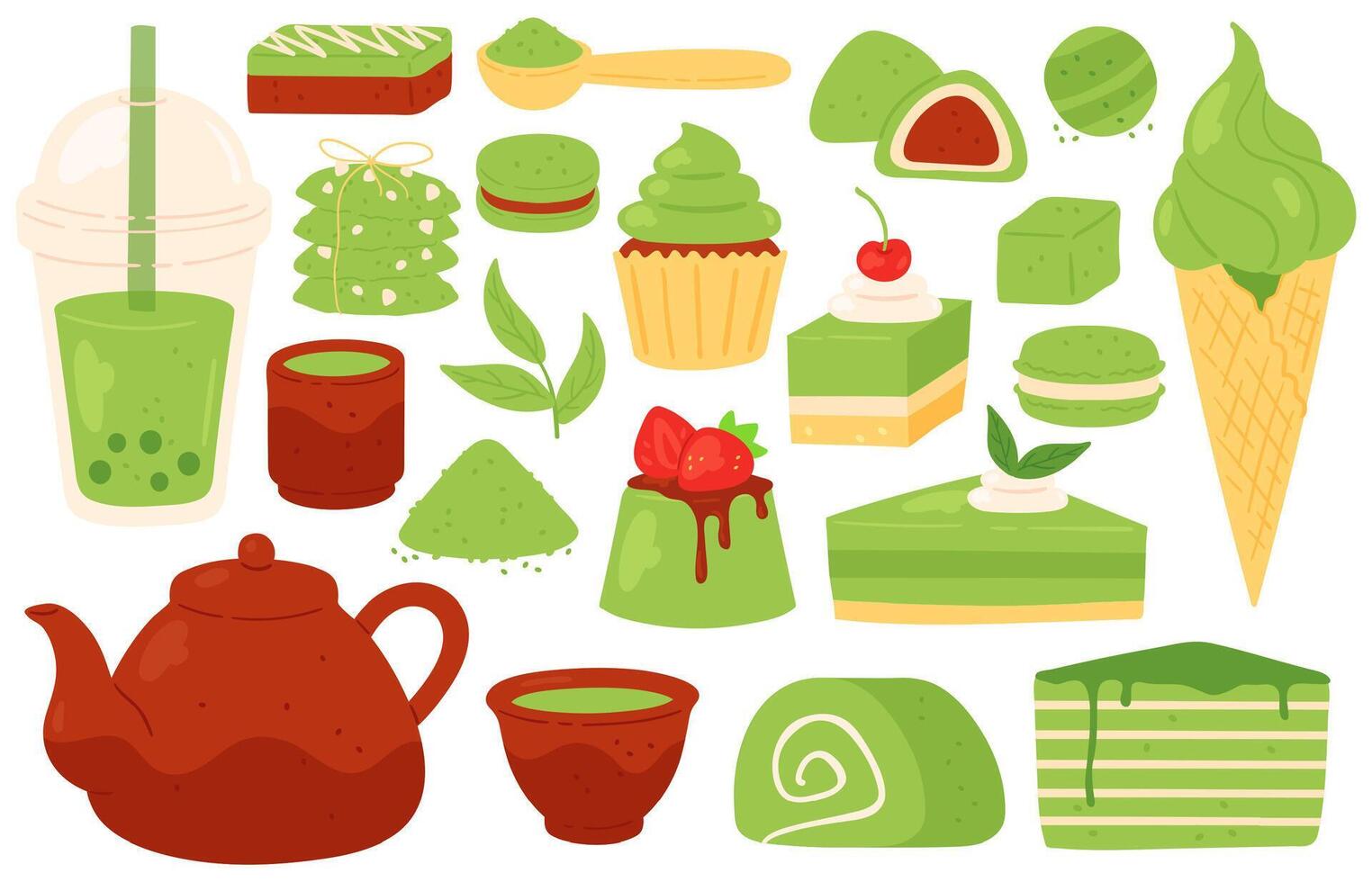 matcha té y dulces japonés verde matcha productos, polvo, hojas, tetera y tazas, burbuja té. sano Pastelería y postres vector conjunto