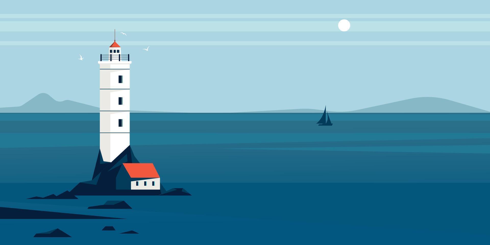 Lighthouse landscape. Cartoon lighthouse silhouette on beach, navigation nautical coastal lighthouse building on coast at dusk vector