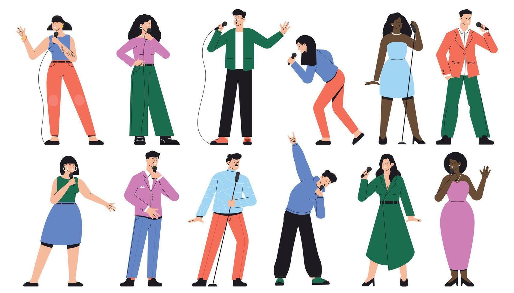 Singer characters. Cartoon singers with microphone in different poses, traditional folk artists with singing voice for party invitation design. Vector set