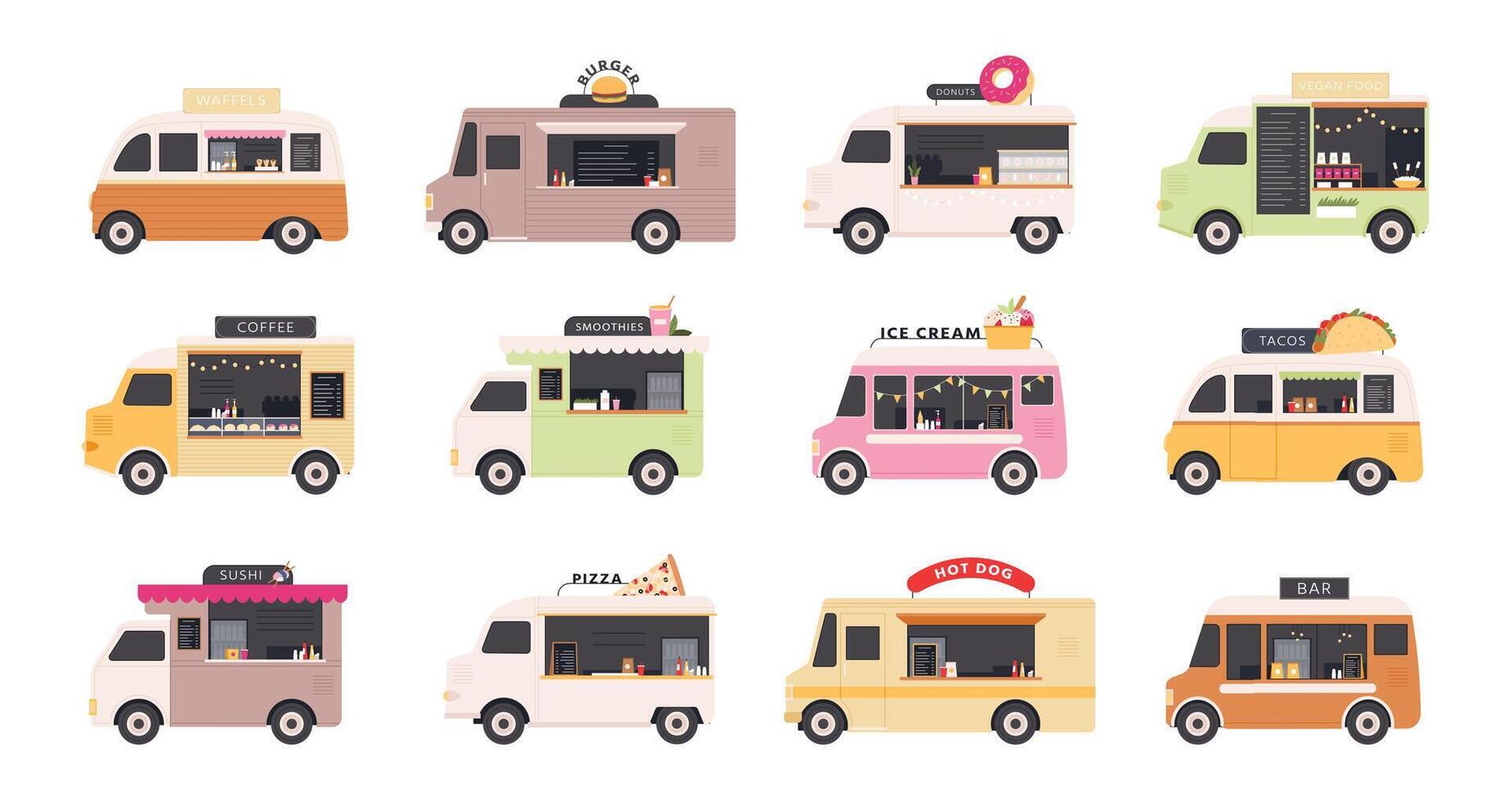 comida camiones camioneta carros de venta calle rápido alimentos, pizza, hamburguesa, café, rosquilla y hielo crema. restaurante en ruedas festival plano vector conjunto