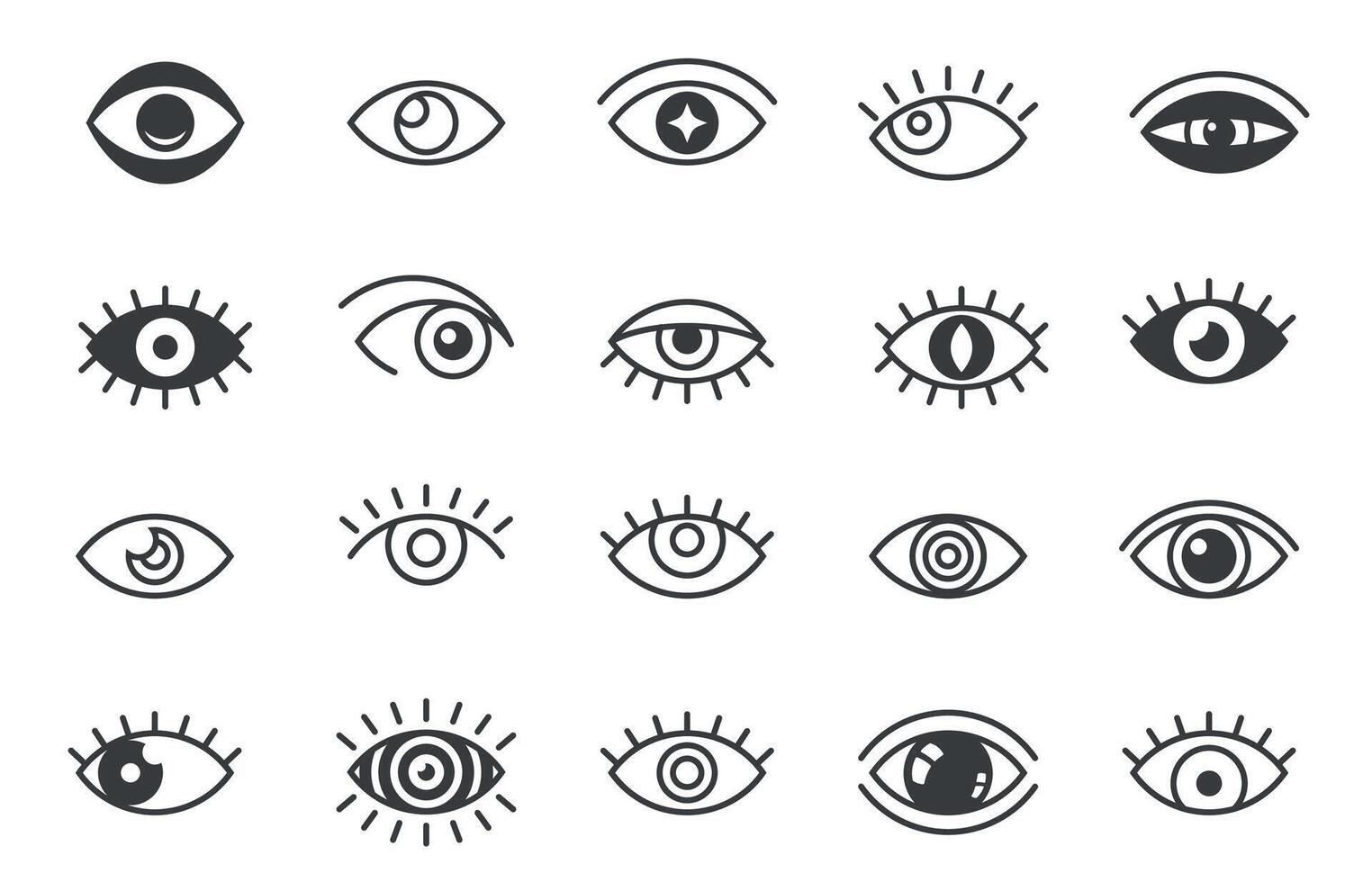 Open eyes symbols. Outline human eye optic icons, eyeball eyelashes linear signs, vision health ophthalmology concept. Vector isolated set