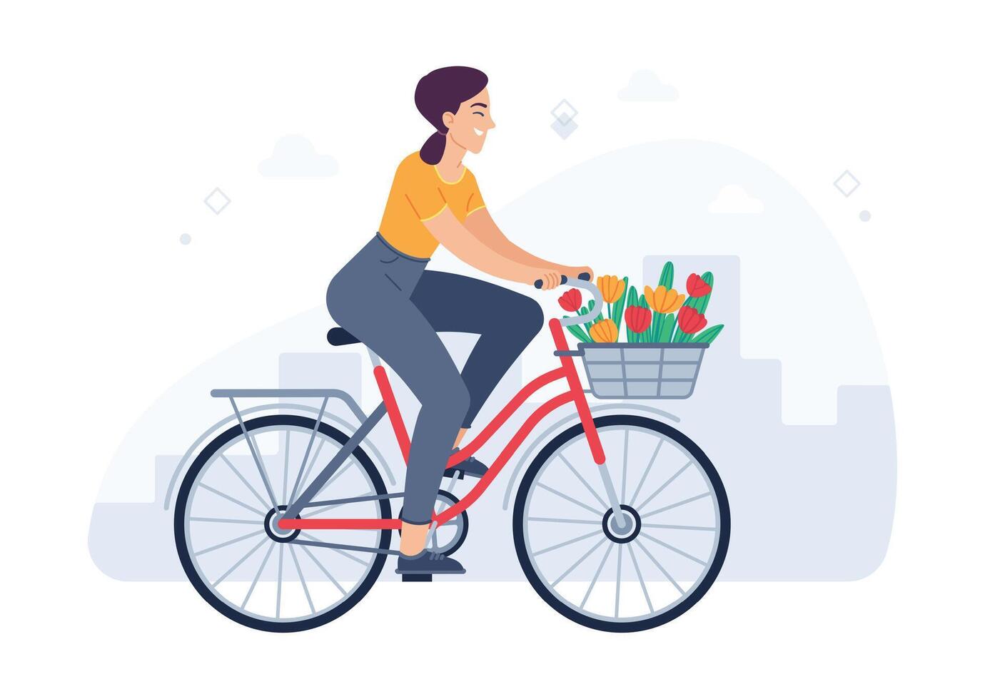 Woman rides bicycle with bouquet in basket. Cheerful girl cyclist moving on bike. Female character enjoying trip vector