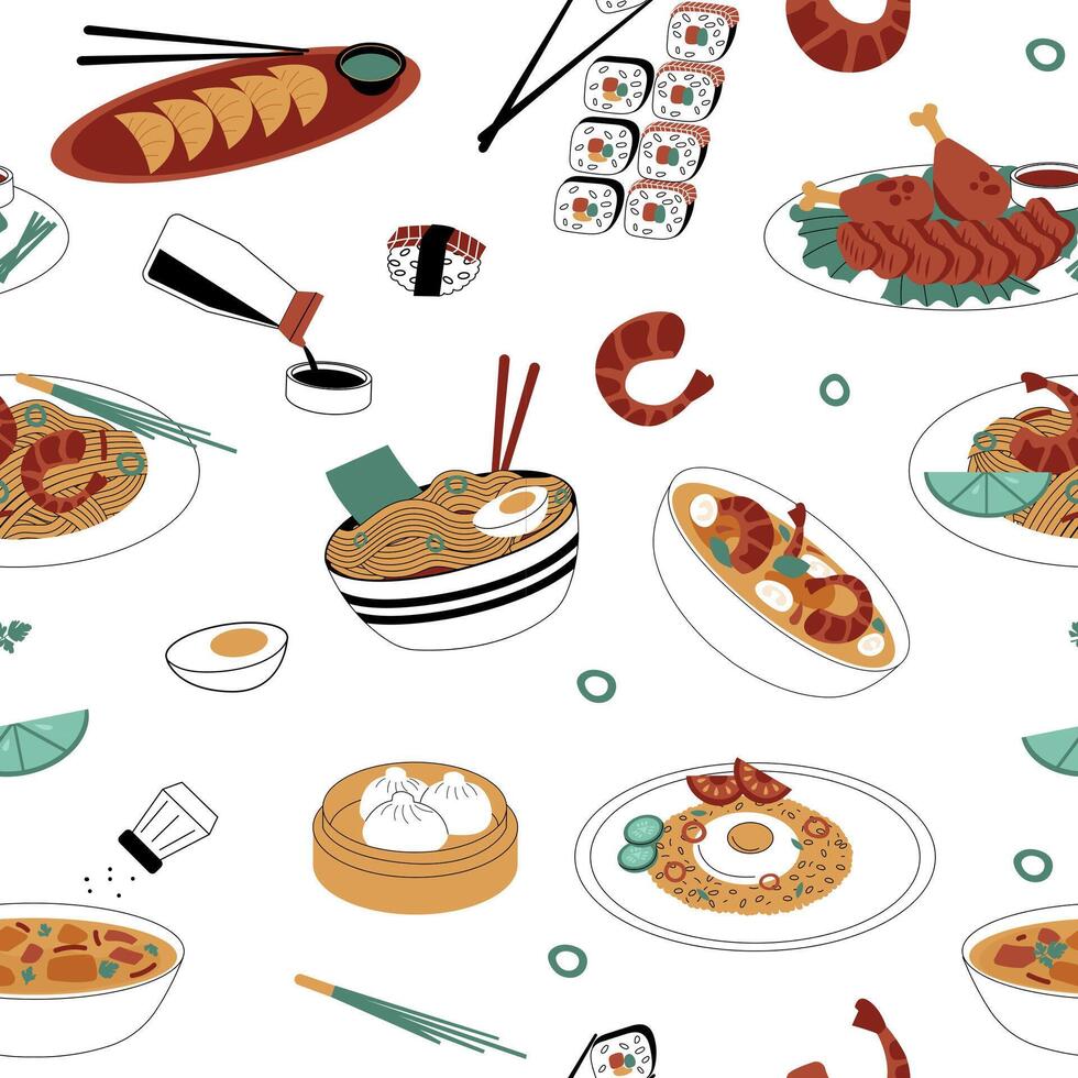 Asian food pattern. Seamless print of traditional oriental spicy food, soup with noodles in bowl, sushi, fried rice with sauces and spices. Vector texture
