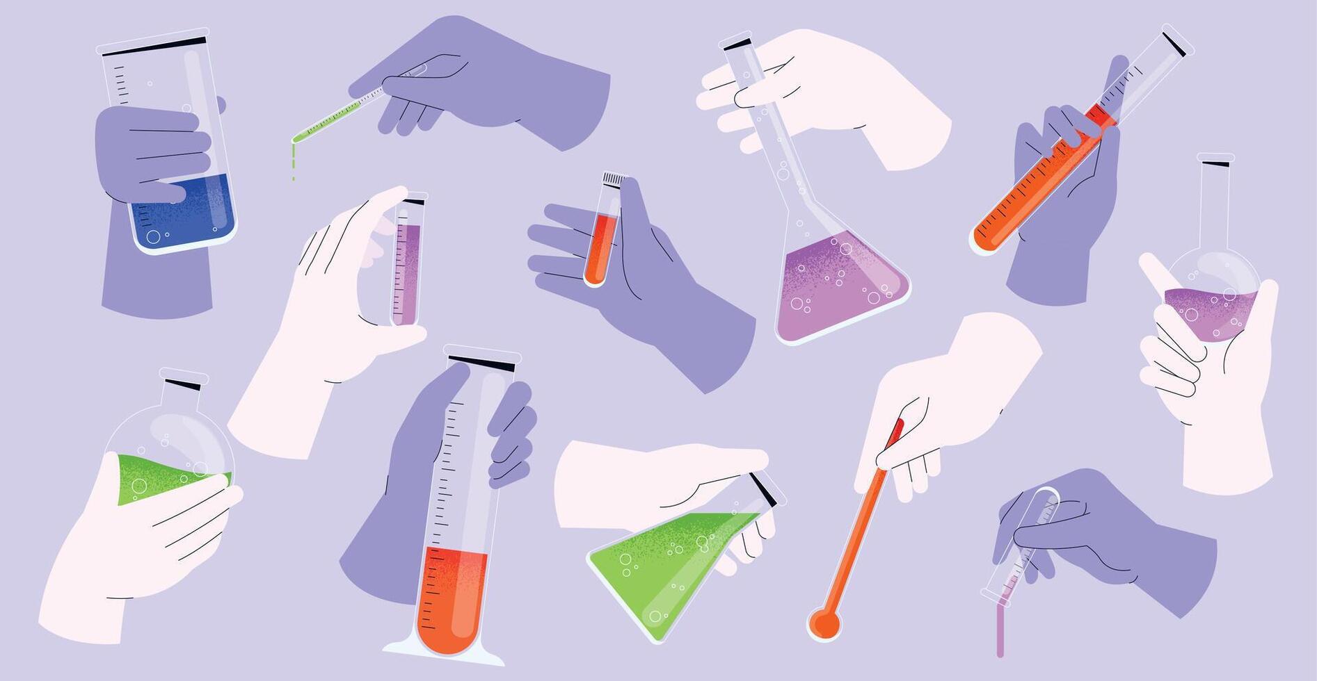 Hands with chemicals. Medical scientist with test tubes and measuring tools. Chemist with bacteriological flask and gloves. Science lab vector set