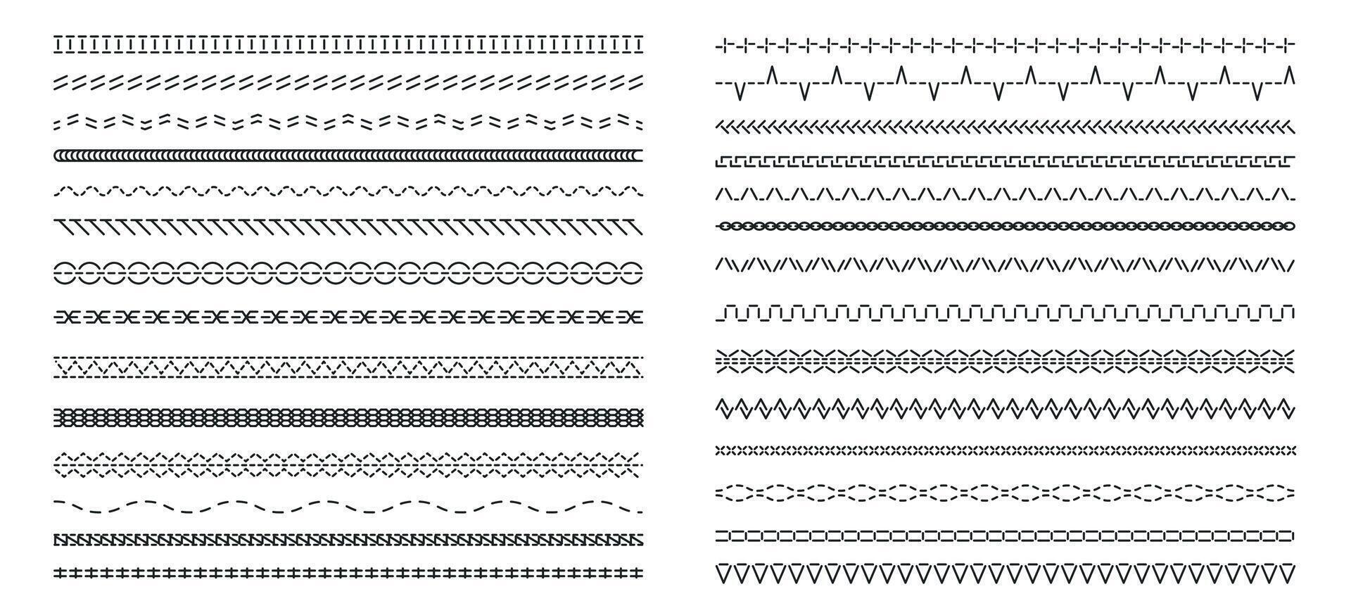 Machine black stitch. Seamless zigzag variation, needlework border with straight and curvy lines, variation of embroidery pattern. Vector isolated set