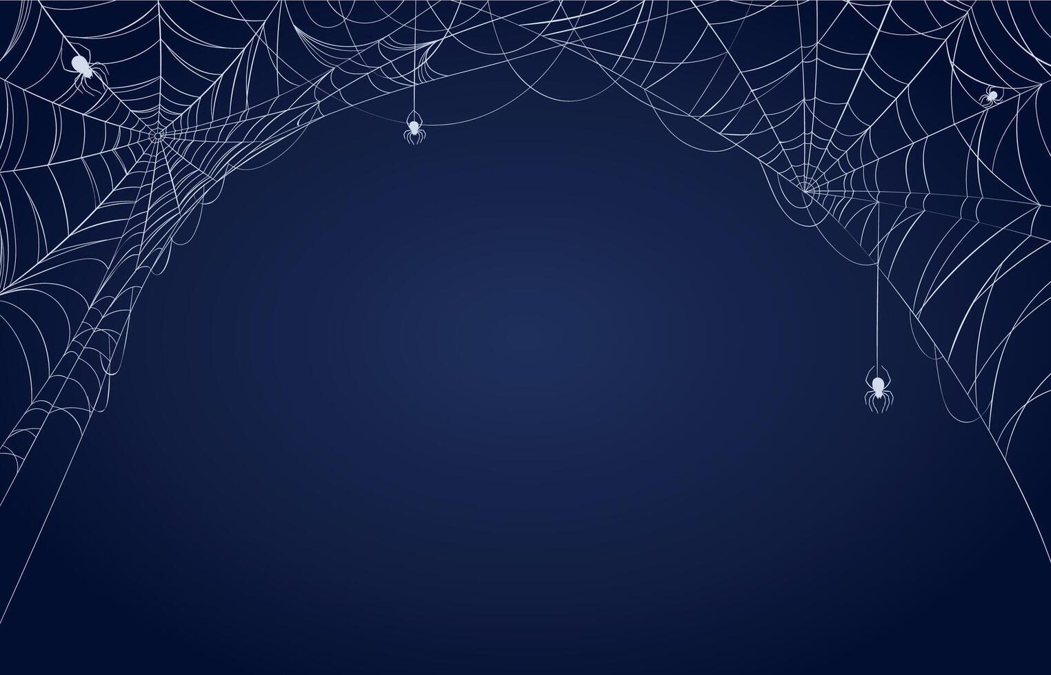 Spider web banner. Halloween spooky decorated background with cobwebs in corners and hanging spiders. Scary spiderweb frame vector pattern