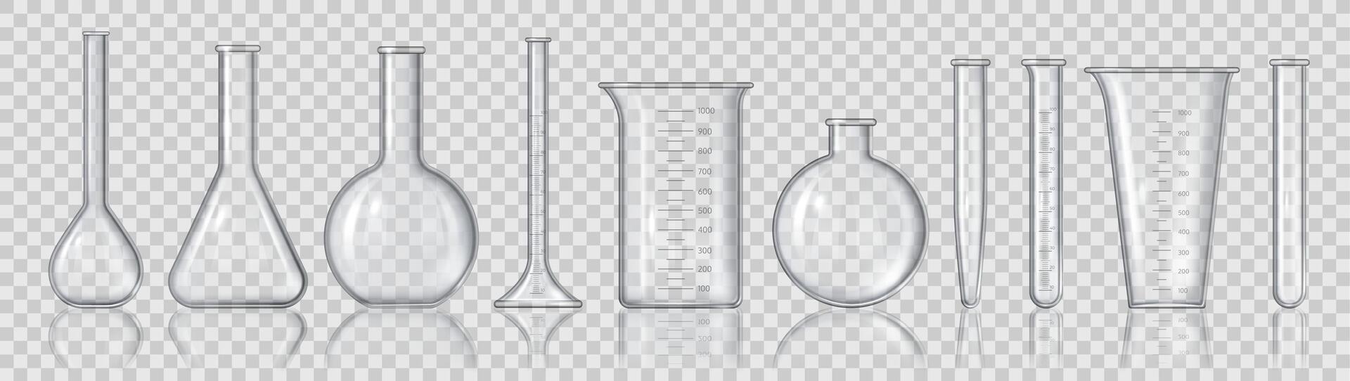 Realistic beakers and flasks. 3D empty laboratory measuring equipment, glass tubes for medicine, bottles and chemistry containers vector set