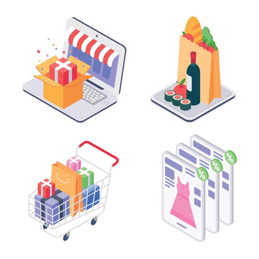 Isometric shopping concept, online order food and clothers vector