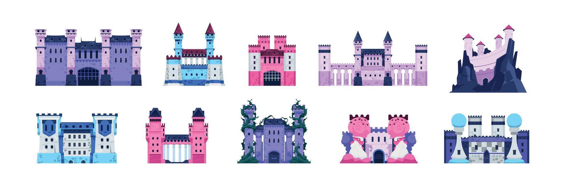 Fairytale castles. Cartoon medieval historic fortress with towers, stone walls and wooden gate, old kingdom palace. Vector fort isolated set