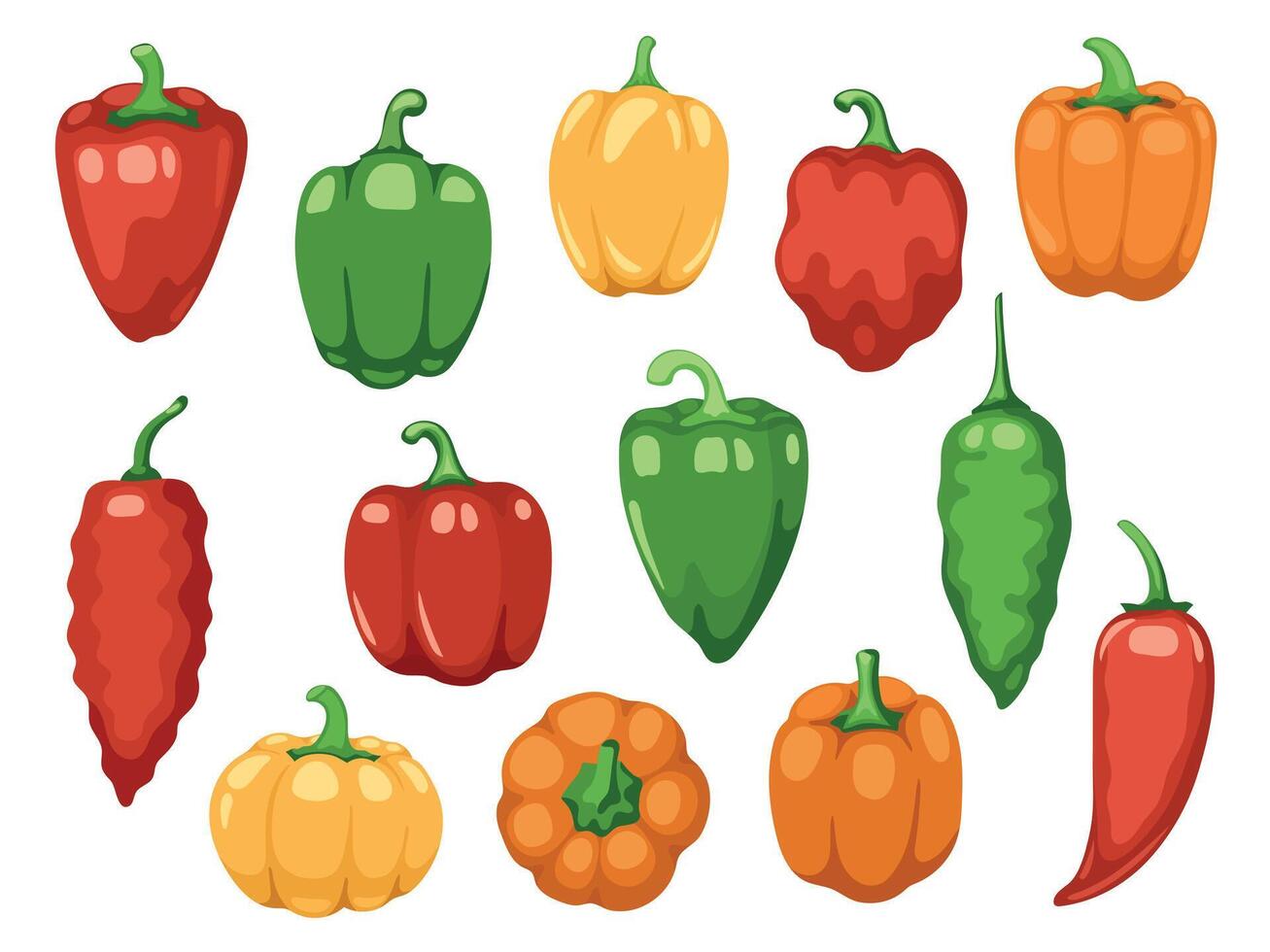 varios campana pimientos. dibujos animados rojo verde amarillo naranja dulce pimenton, Fresco orgánico vegetal para Cocinando y sano comiendo. vector vistoso conjunto