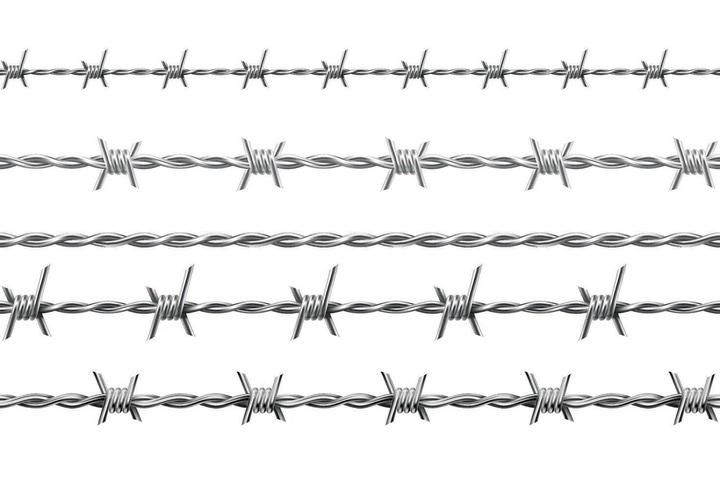 Realistic metal barbed wire, seamless borders with spikes. Jail or army fence protection with barbs. Boundary defense barbwire vector set