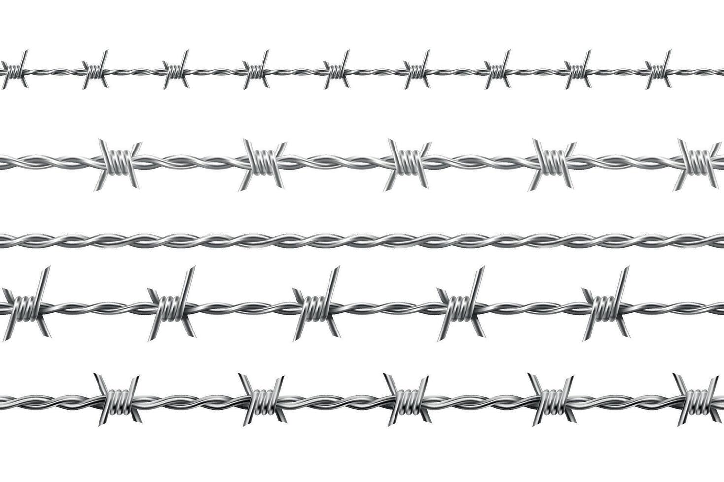 Realistic metal barbed wire, seamless borders with spikes. Jail or army fence protection with barbs. Boundary defense barbwire vector set